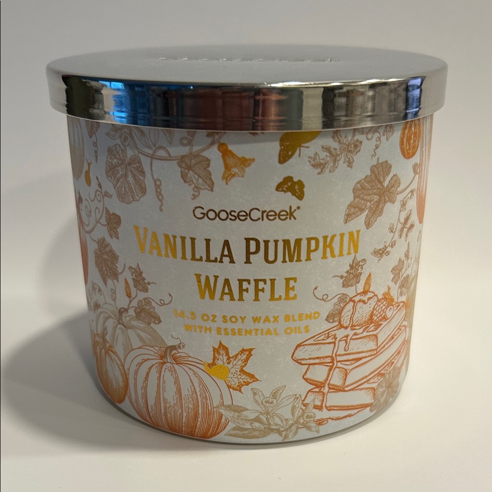 Goose Creek Vanilla Pumpkin Waffle Candle with Silver Lid-Brand New!! 3 wicks!